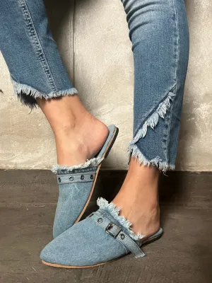 Belted Denim Flat Mule