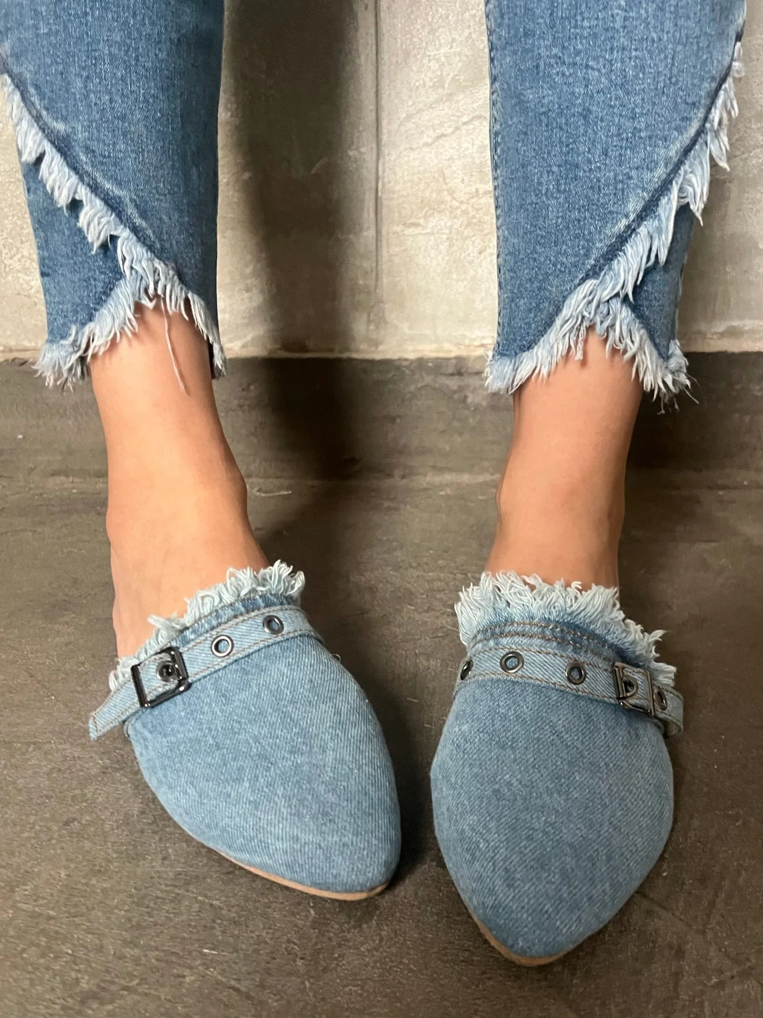 Belted Denim Flat Mule