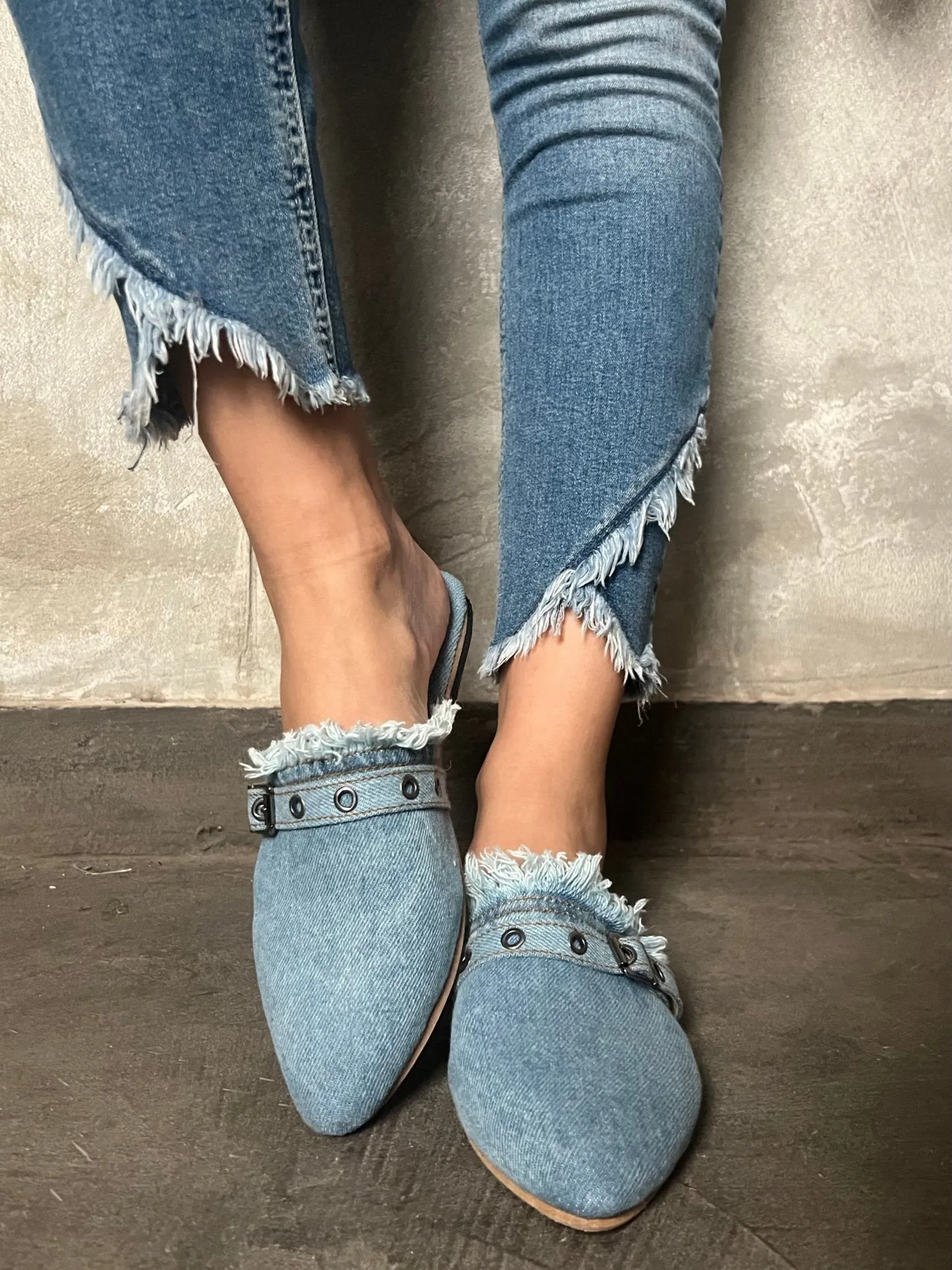 Belted Denim Flat Mule