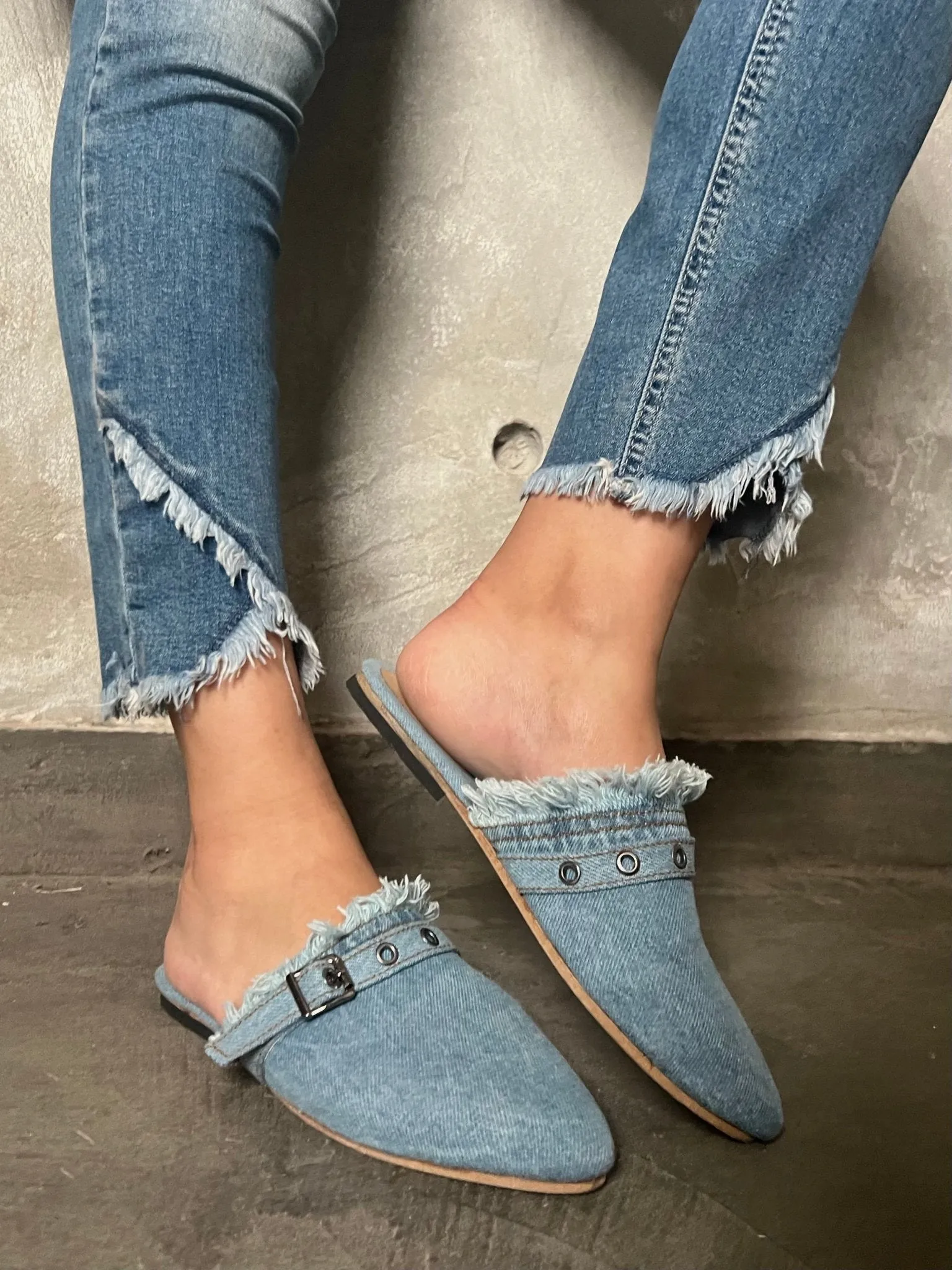 Belted Denim Flat Mule