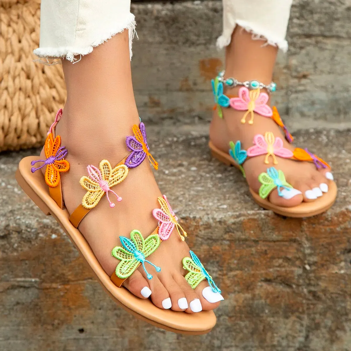 Colorful Butterfly Flat Sandals for Women