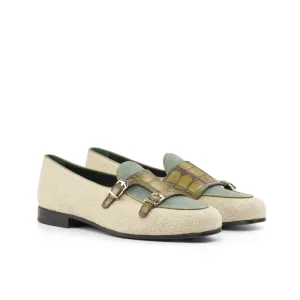 DapperFam Rialto in Ice / Khaki / Olive Men's Linen & Italian Leather Monk Slipper