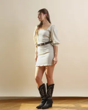 Ecru Bodycon Long Sleeve Smocked Dress