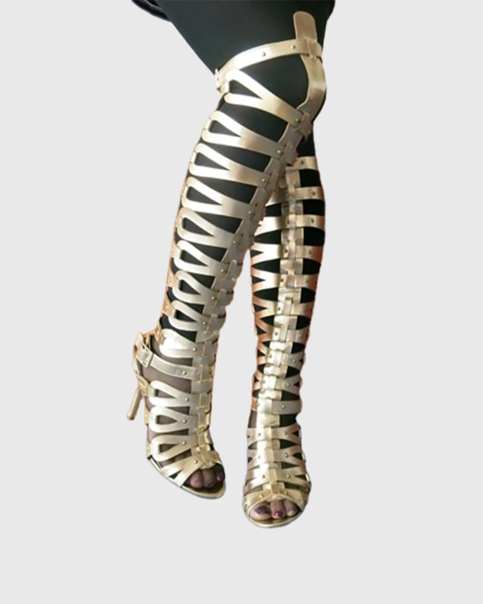 Gessica Rivet Cutout Knee High Boots In Gold