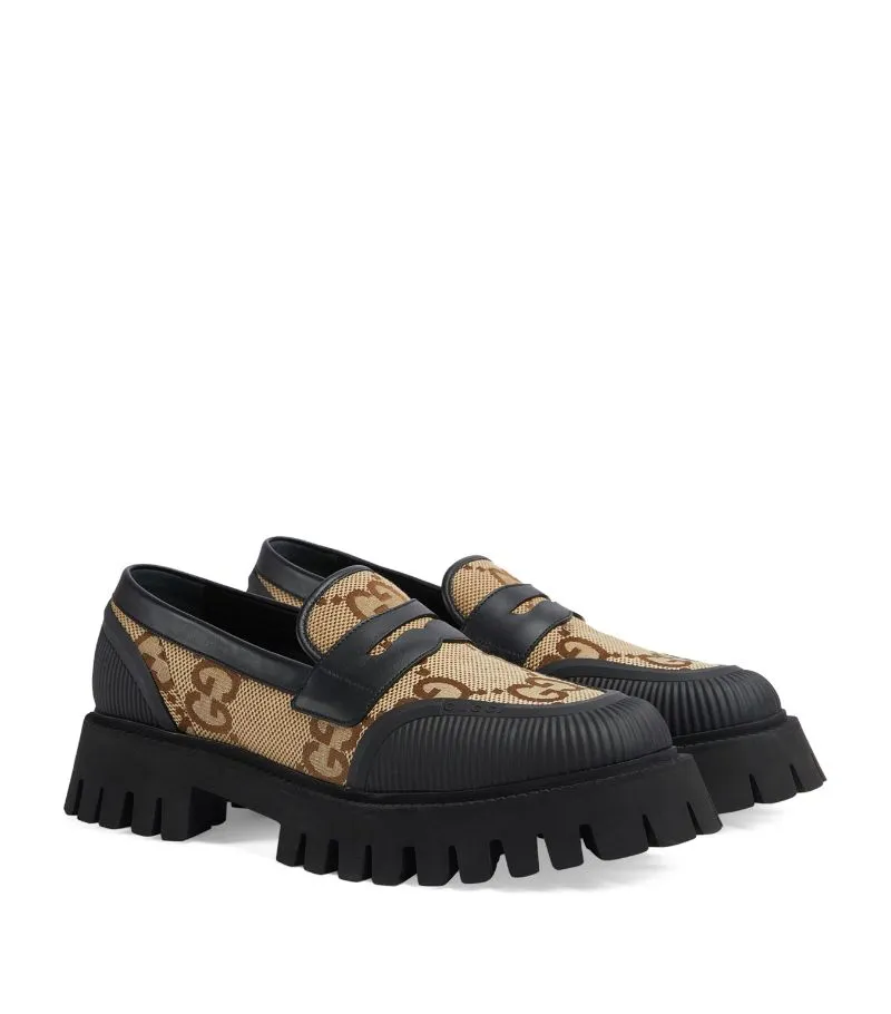 Gucci  Black & Beige Monogram Logo Loafers