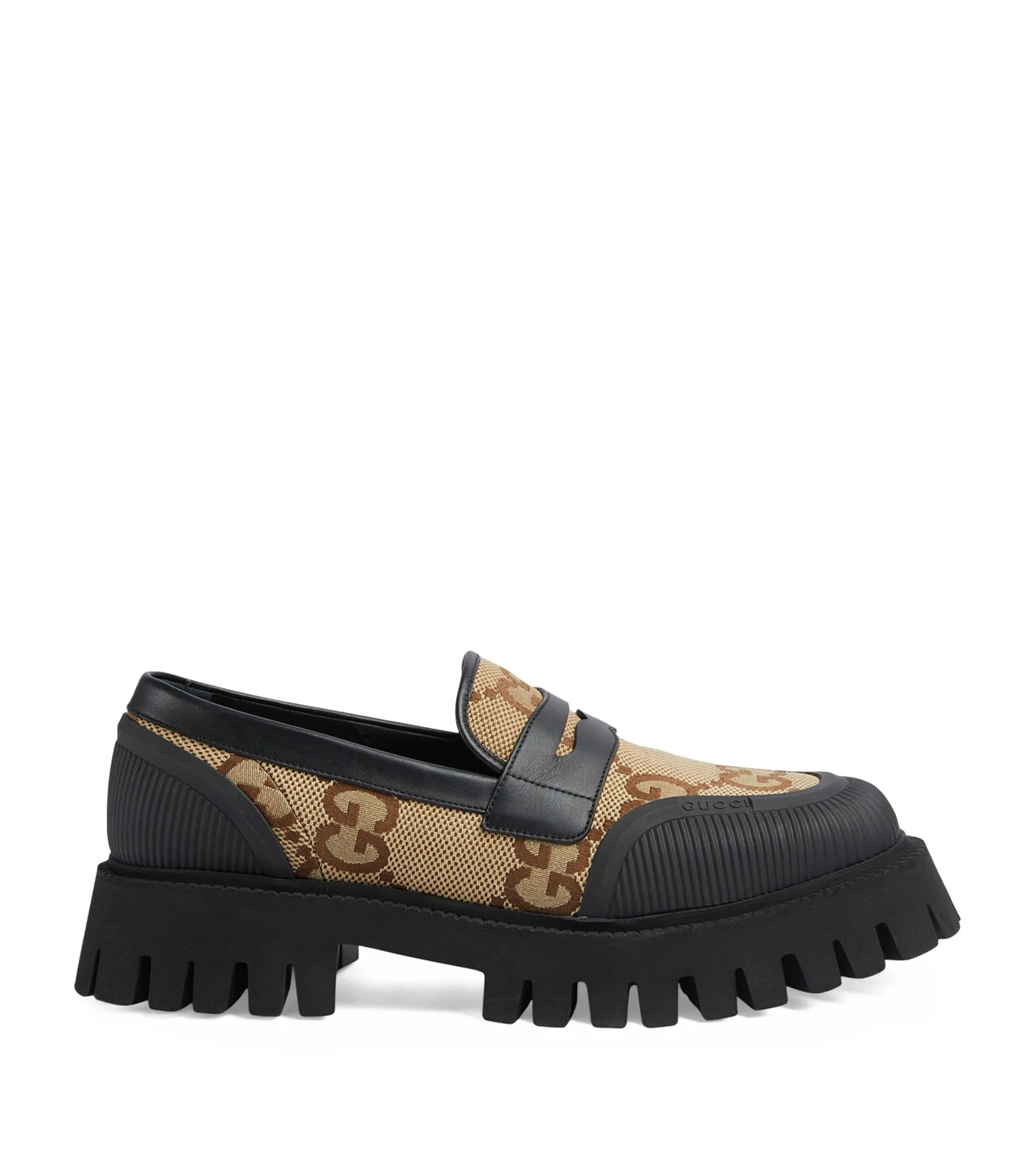 Gucci  Black & Beige Monogram Logo Loafers