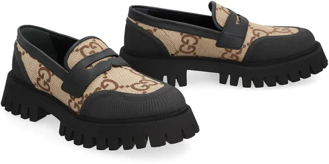 Gucci  Black & Beige Monogram Logo Loafers