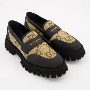 Gucci  Black & Beige Monogram Logo Loafers
