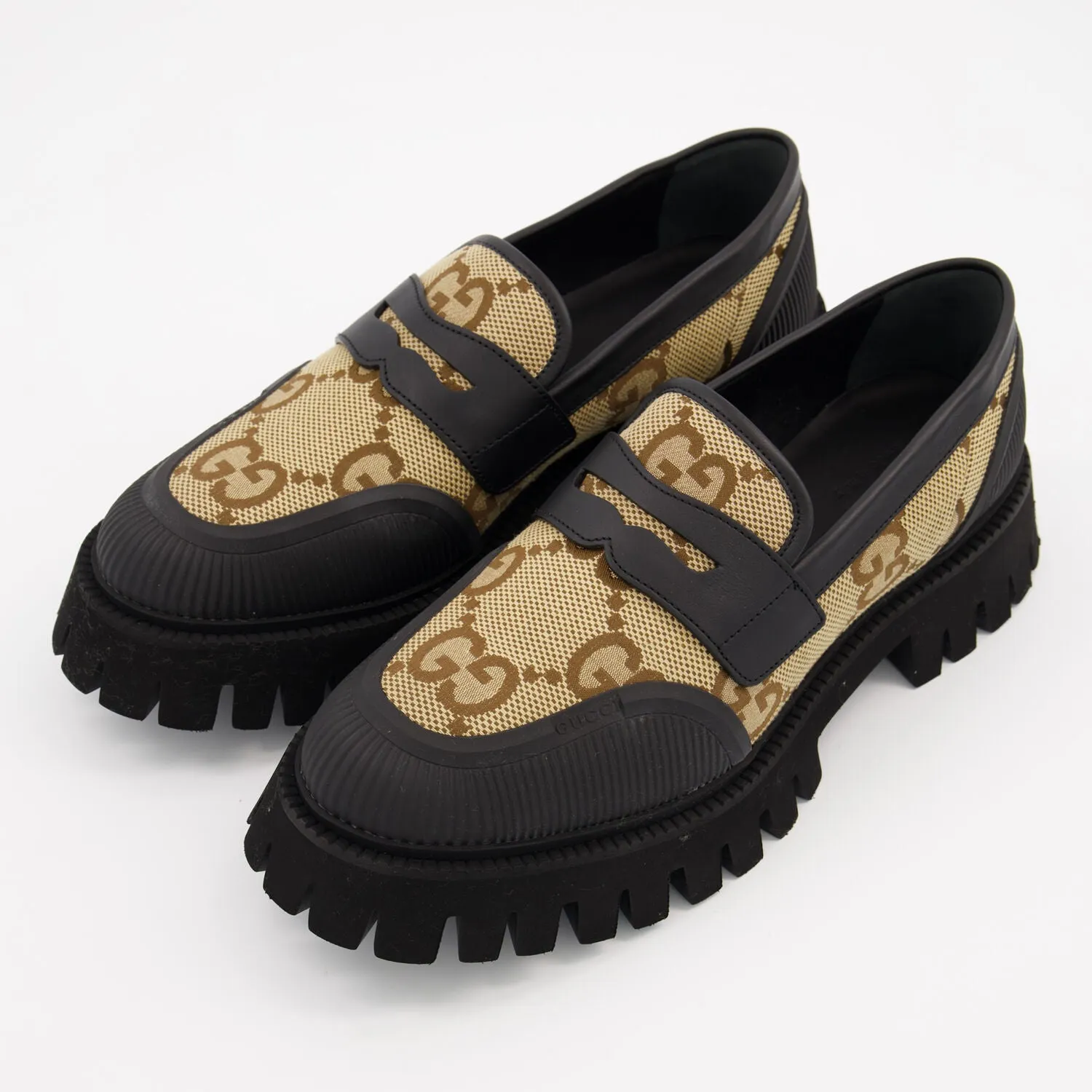 Gucci  Black & Beige Monogram Logo Loafers