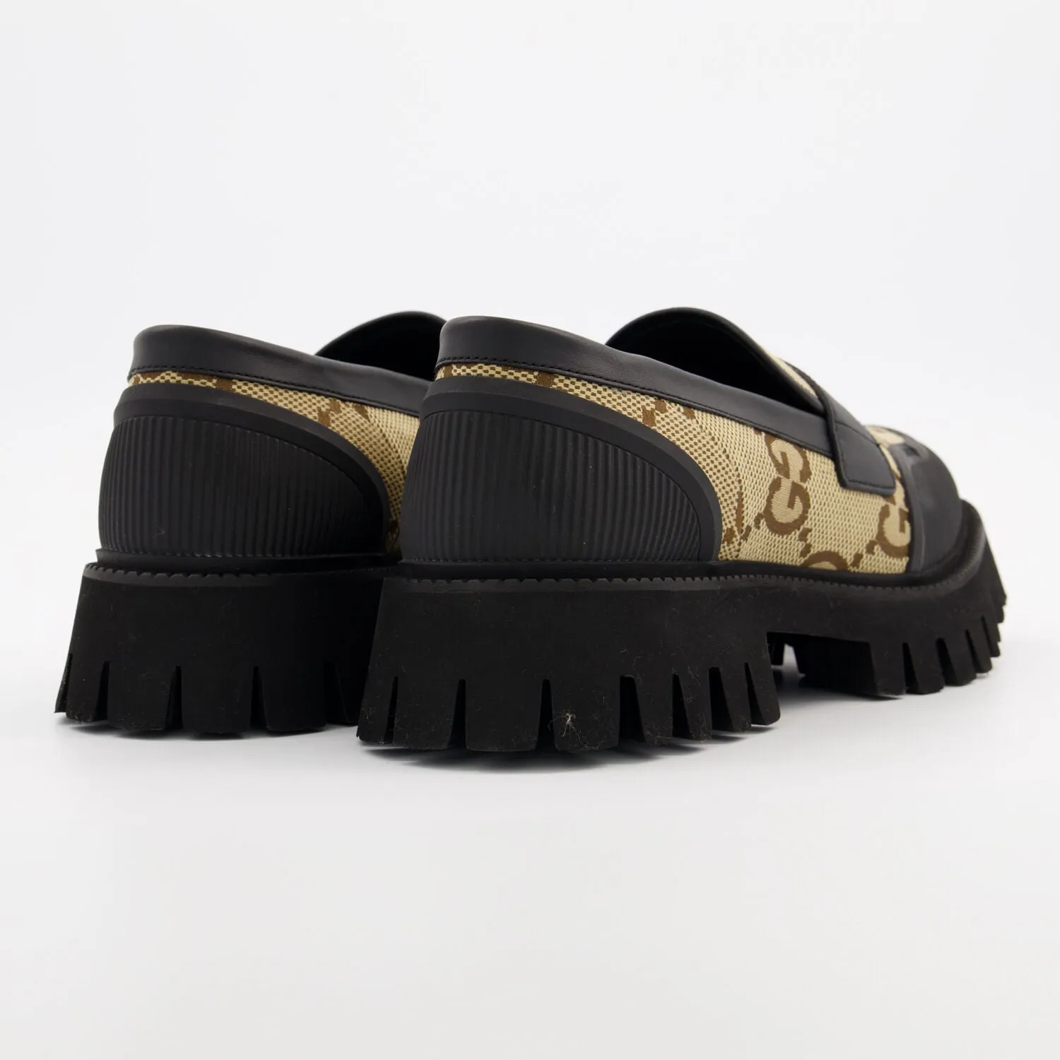 Gucci  Black & Beige Monogram Logo Loafers