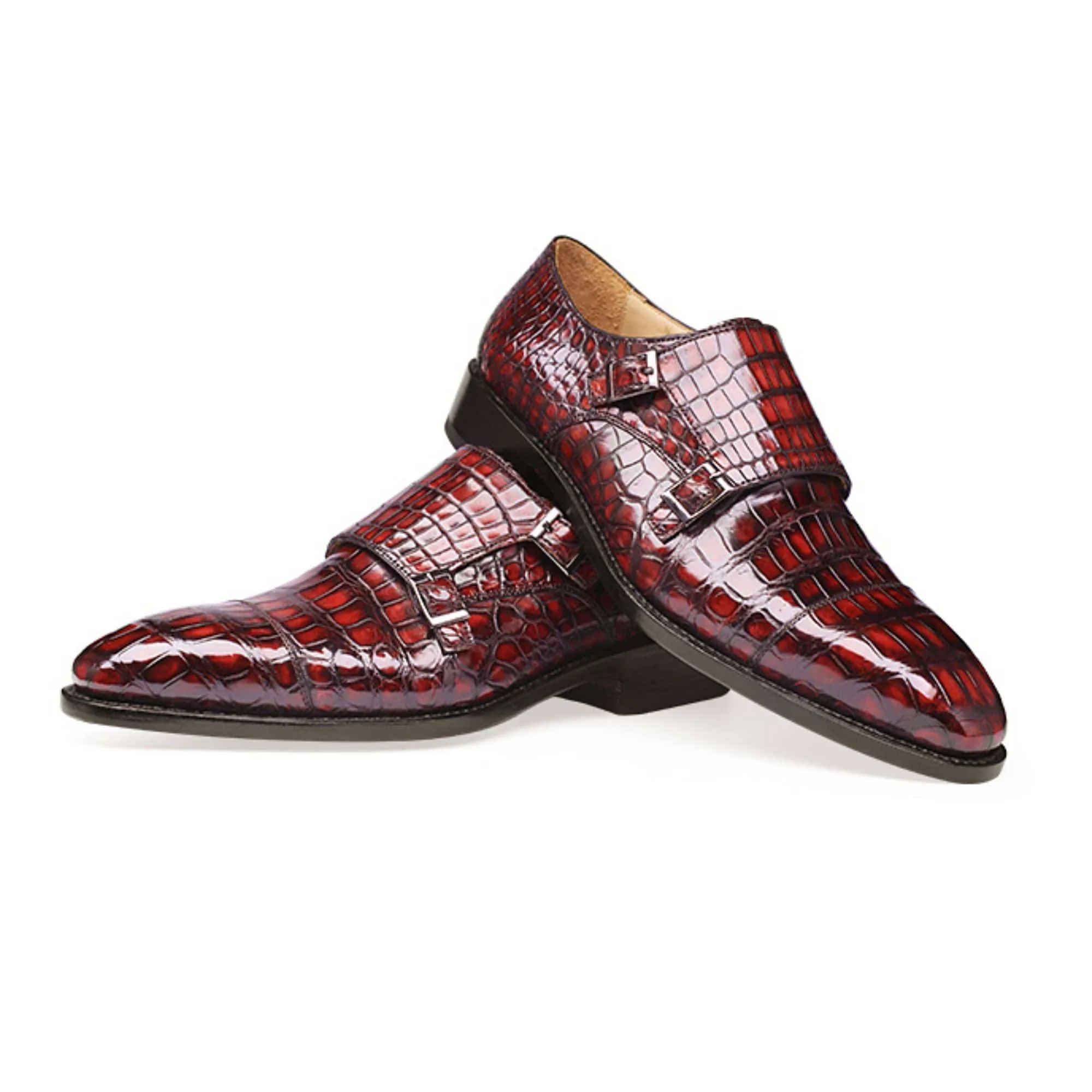 Handmade Custom Men's Crocodile Pattern Leather Monk Strap Shoes