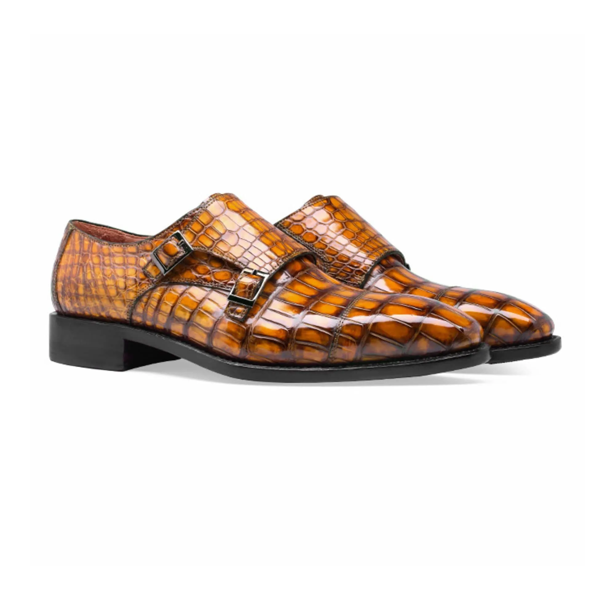 Handmade Custom Men's Crocodile Pattern Leather Monk Strap Shoes