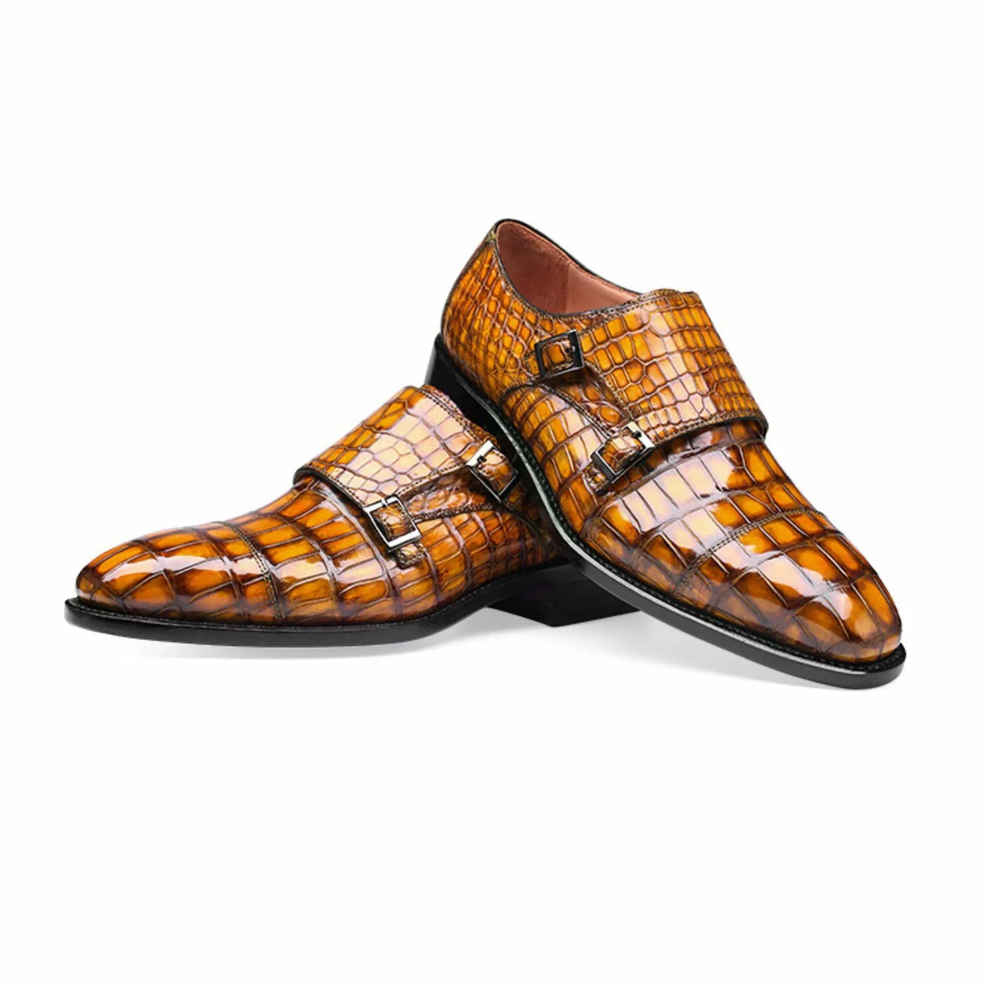 Handmade Custom Men's Crocodile Pattern Leather Monk Strap Shoes