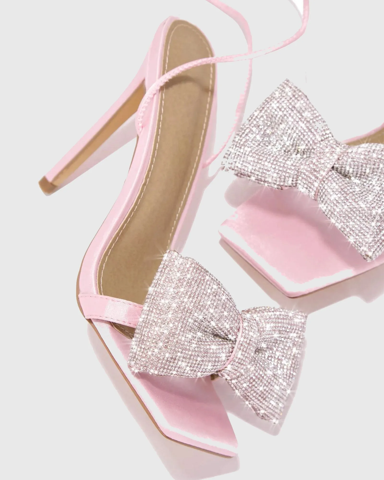 Nora Crystal Bow Lace Up Sandals In Pink