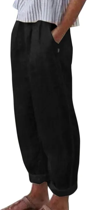 Striped Linen Pants Women Summer Crop Causal Pants Button Side Elastic Waist Straight Leg Pants with Pockets Beach Trousers