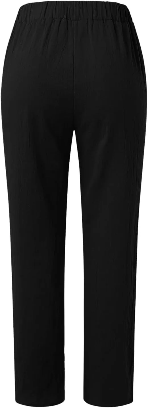 Striped Linen Pants Women Summer Crop Causal Pants Button Side Elastic Waist Straight Leg Pants with Pockets Beach Trousers