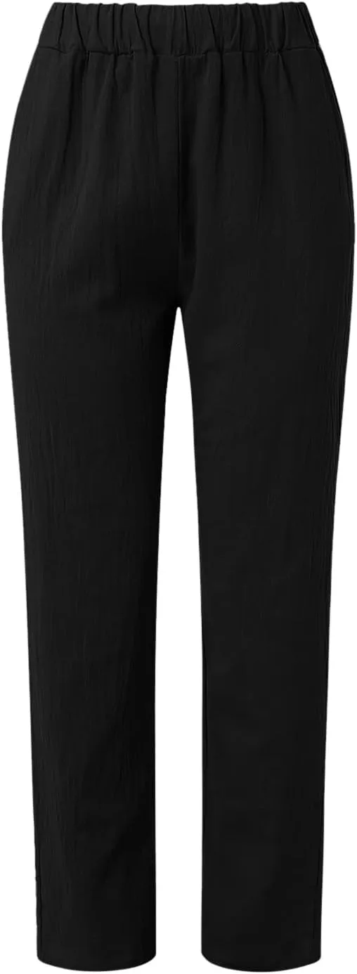 Striped Linen Pants Women Summer Crop Causal Pants Button Side Elastic Waist Straight Leg Pants with Pockets Beach Trousers