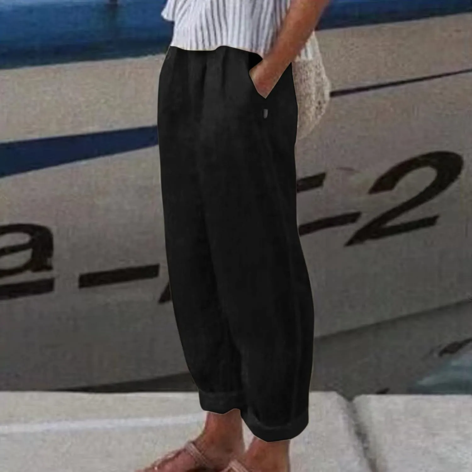 Striped Linen Pants Women Summer Crop Causal Pants Button Side Elastic Waist Straight Leg Pants with Pockets Beach Trousers