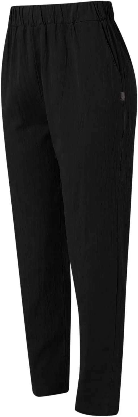 Striped Linen Pants Women Summer Crop Causal Pants Button Side Elastic Waist Straight Leg Pants with Pockets Beach Trousers