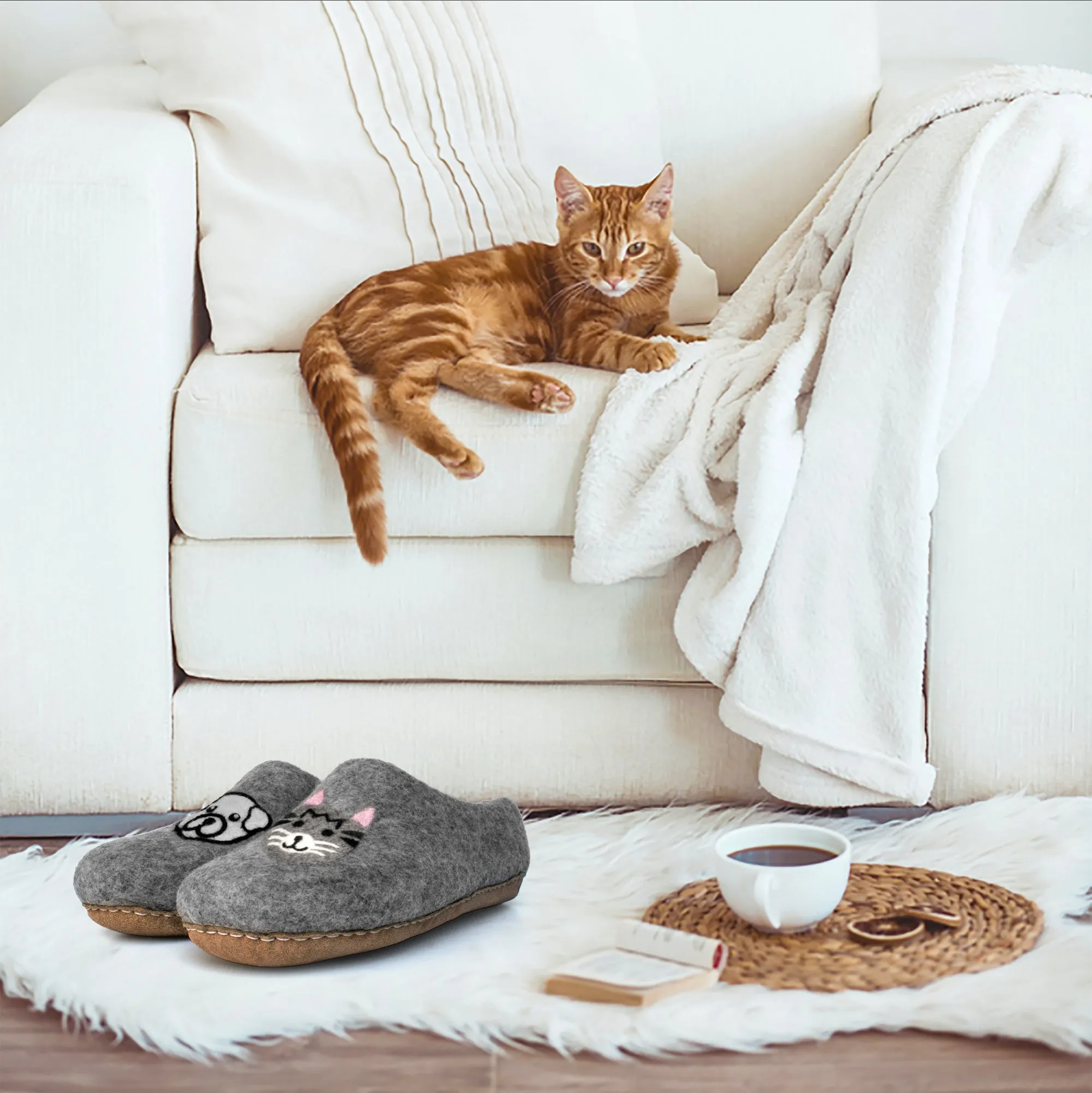 Unisex Wool Slippers Cozy Winter Footwear for Men & Women Cat Dog Print
