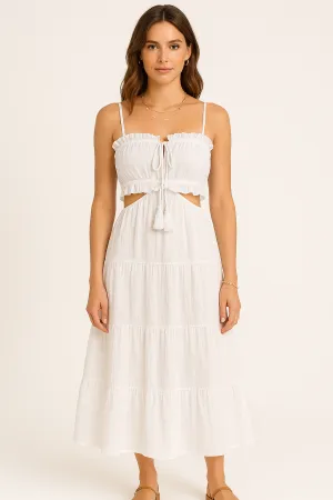 Womens Maxi Sundress  Cotton Linen  High Waist  Boho Ruffle Tie Detail