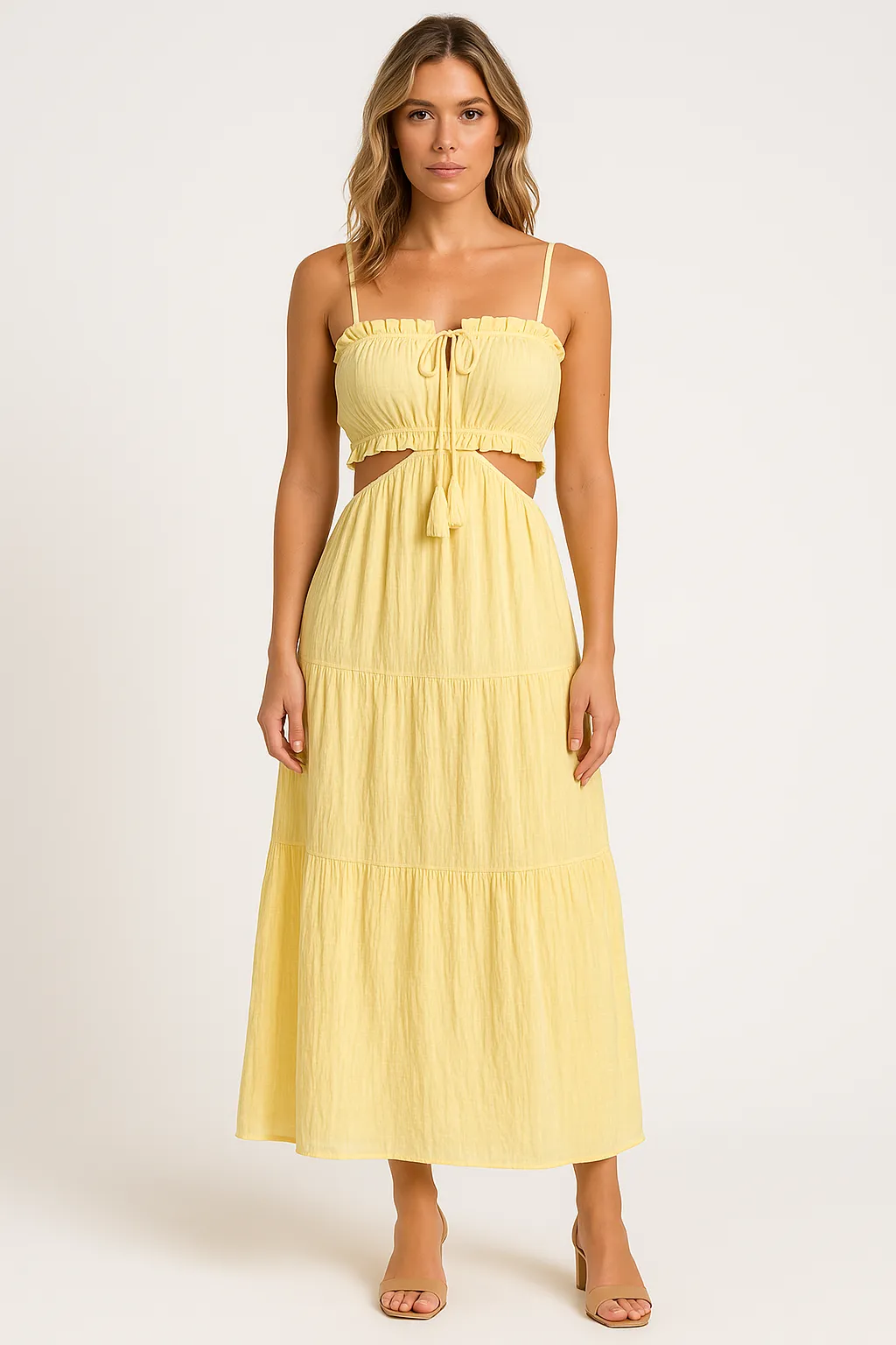 Womens Maxi Sundress  Cotton Linen  High Waist  Boho Ruffle Tie Detail