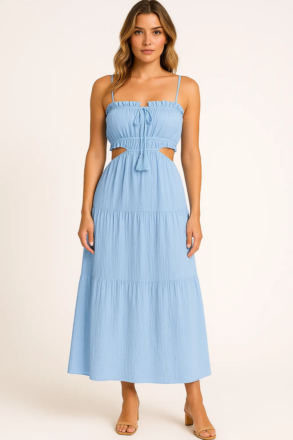 Womens Maxi Sundress  Cotton Linen  High Waist  Boho Ruffle Tie Detail