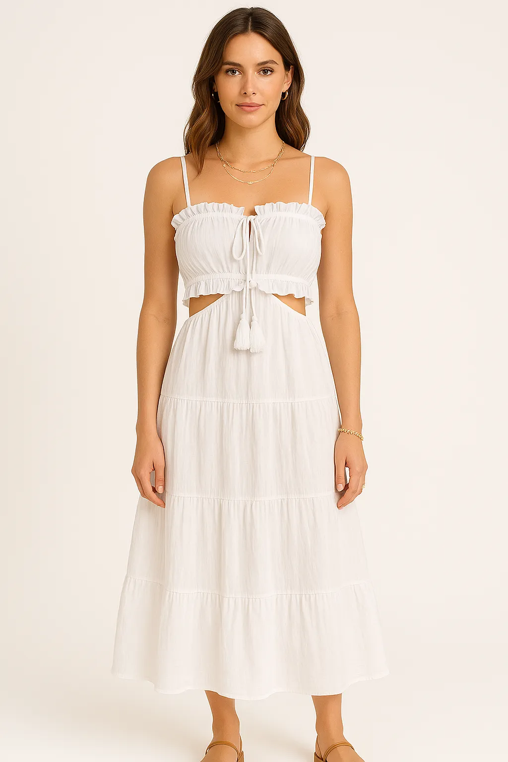 Womens Maxi Sundress  Cotton Linen  High Waist  Boho Ruffle Tie Detail