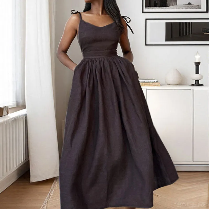 Womens Midi Dress  Linen Blend  V-Neck  Open Back  Adjustable Tie Straps  Side Slit