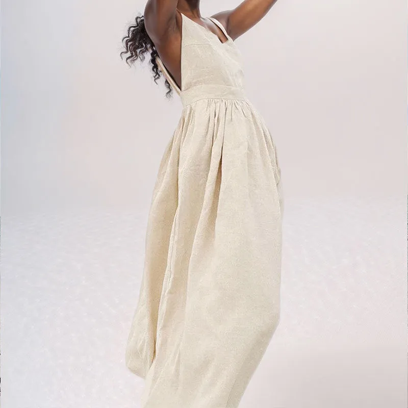 Womens Midi Dress  Linen Blend  V-Neck  Open Back  Adjustable Tie Straps  Side Slit