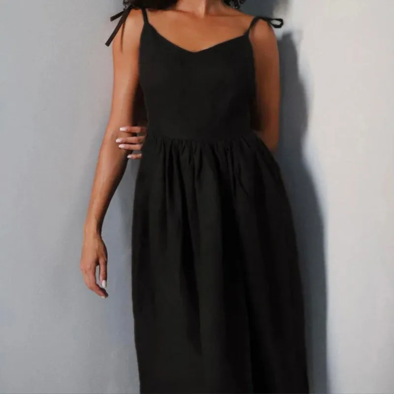 Womens Midi Dress  Linen Blend  V-Neck  Open Back  Adjustable Tie Straps  Side Slit