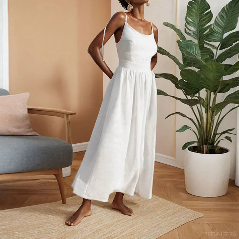 Womens Midi Dress  Linen Blend  V-Neck  Open Back  Adjustable Tie Straps  Side Slit