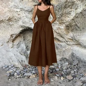 Womens Midi Dress  Linen Blend  V-Neck  Open Back  Adjustable Tie Straps  Side Slit