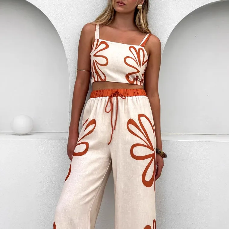 Womens Pants Set  Wide-Leg Relaxed Fit  Linen Blend  Floral Print  Cropped Camisole