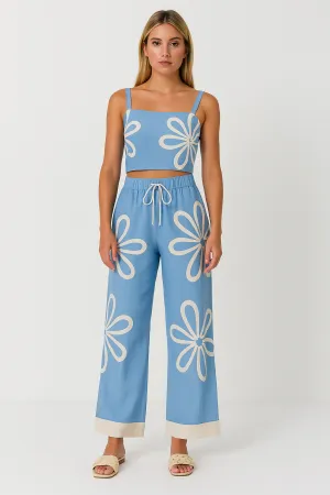 Womens Pants Set  Wide-Leg Relaxed Fit  Linen Blend  Floral Print  Cropped Camisole