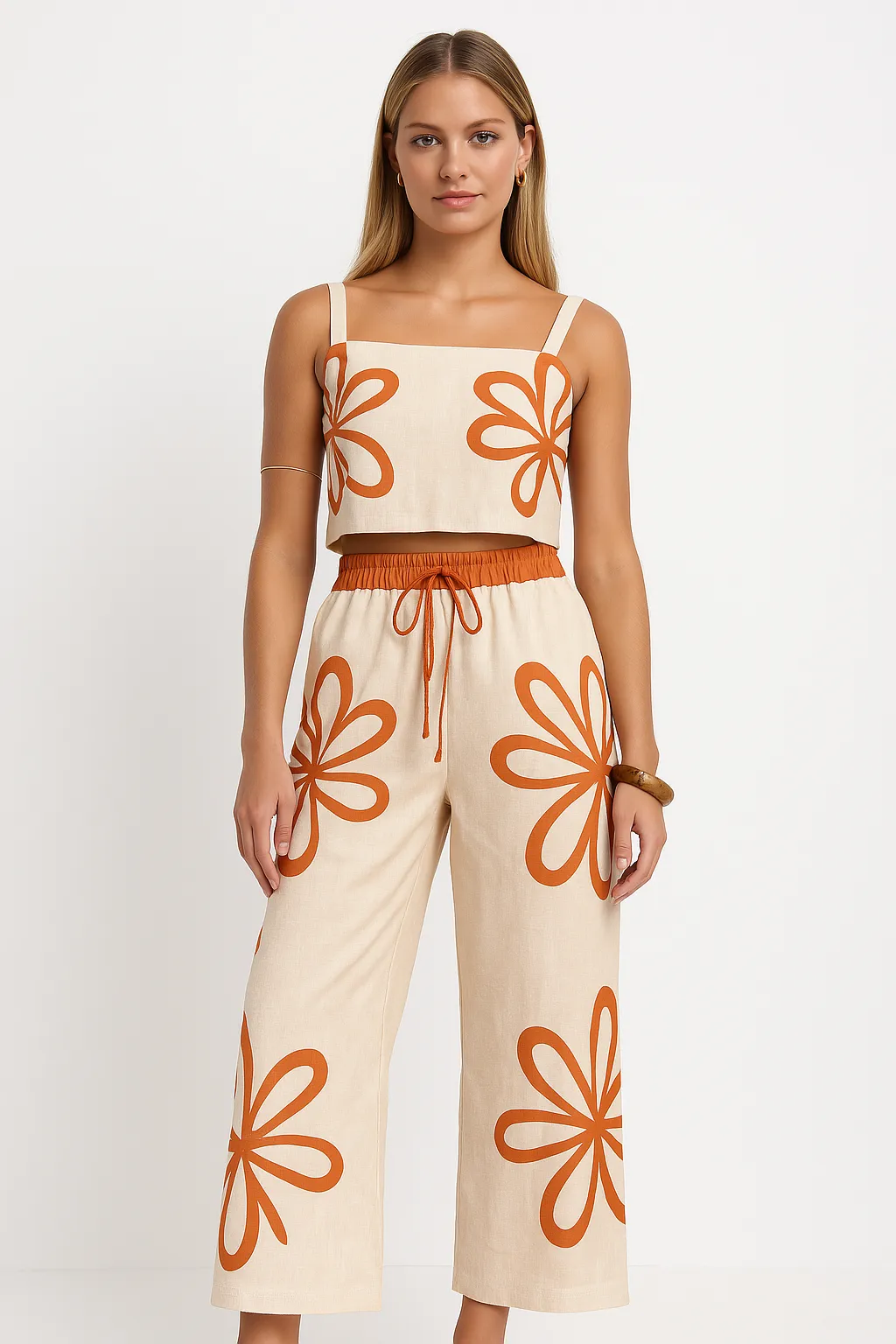 Womens Pants Set  Wide-Leg Relaxed Fit  Linen Blend  Floral Print  Cropped Camisole