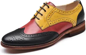 Women's Splicing Leather Wingtip Oxford Shoes Perforated Lace-up Brogue Dress Shoes Comfortable Low Heel Vintage Derby Shoes