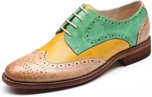 Women's Splicing Leather Wingtip Oxford Shoes Perforated Lace-up Brogue Dress Shoes Comfortable Low Heel Vintage Derby Shoes