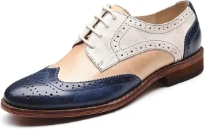 Women's Splicing Leather Wingtip Oxford Shoes Perforated Lace-up Brogue Dress Shoes Comfortable Low Heel Vintage Derby Shoes